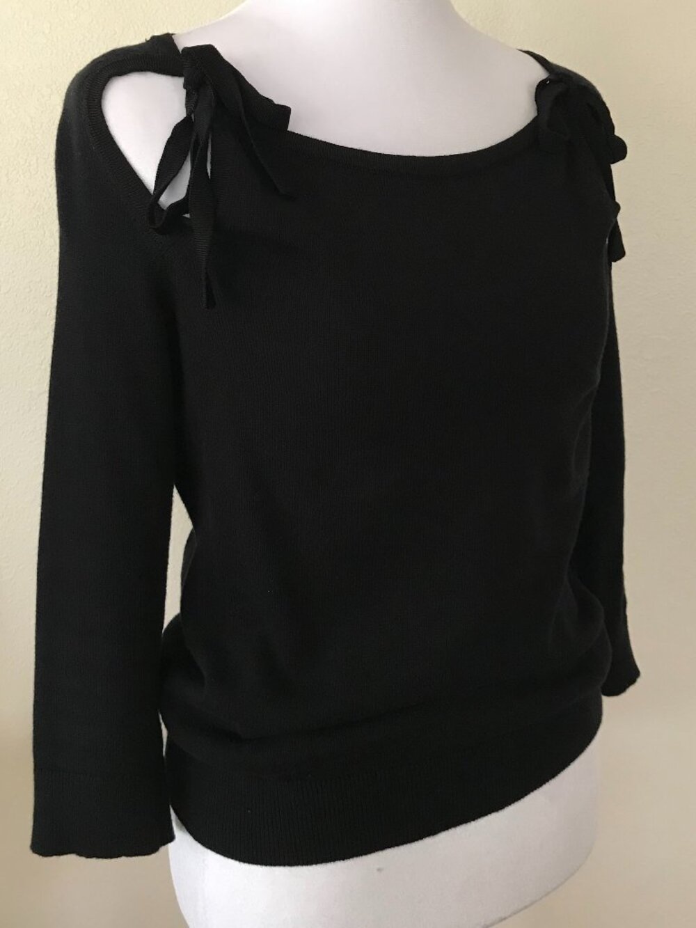 Anthropologie Siobhan Sweater XS Petite Black Cutout Tie Shoulder Knit